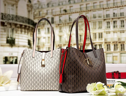 Stylish Monogram Tote Bag Lock Decorative Detail Top Handles Detachable Crossbody Strap Fashion Shoulder Bag