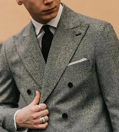 Welsh Check Suit‌ Men's Tuxedo Suit Peak Lapel Double-Breasted Wedding Business Banquet 2Pcs（Jacket+pants) Man Business Suits