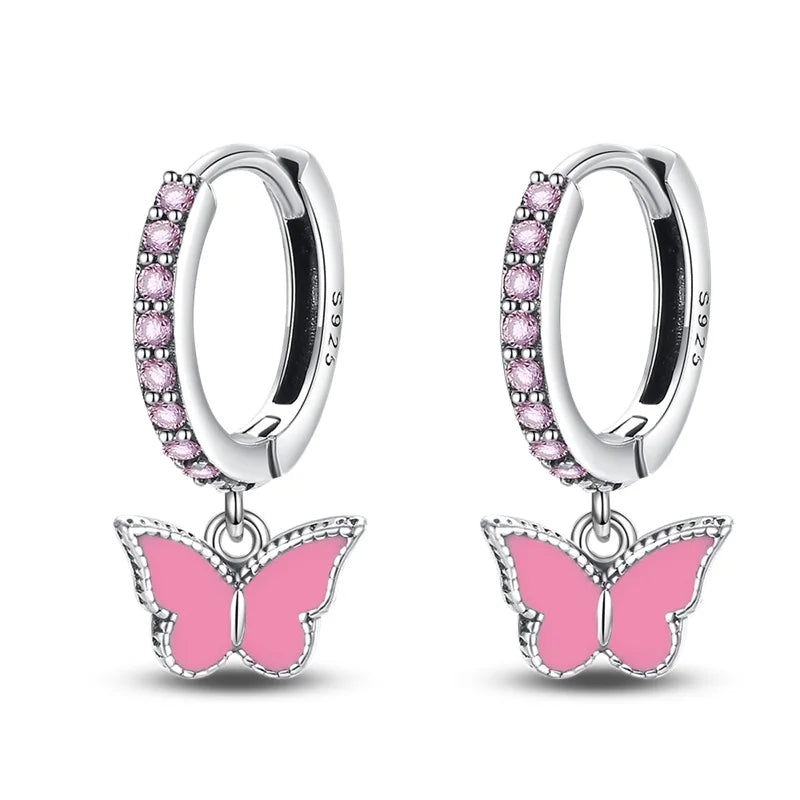 Earrings For Womens 925 Silver Color Pink Rainbow Horse Bear Bee Double Hoop Earrings Fine Engagement Anniversary Jewelry Gifts