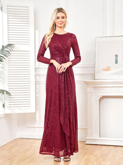 elegant Long Sleeve O-Neck Gold Sequins Evening Dress Luxury 2025 Women Wedding Party Prom Cocktail Dress Vestido