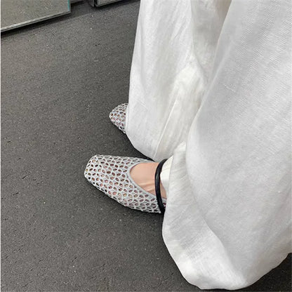2025 zapatos de Ballet de malla hueca para mujer, sandalias transpirables Mary Jane con cabeza cuadrada, calzado con correa