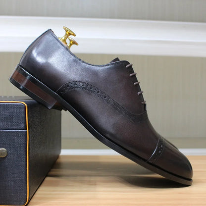 Men's Genuine Leather Oxfords Handmade Cap Toe Dress Shoes Lace-Up Formal Wedding Shoes Business Office Male Footwear