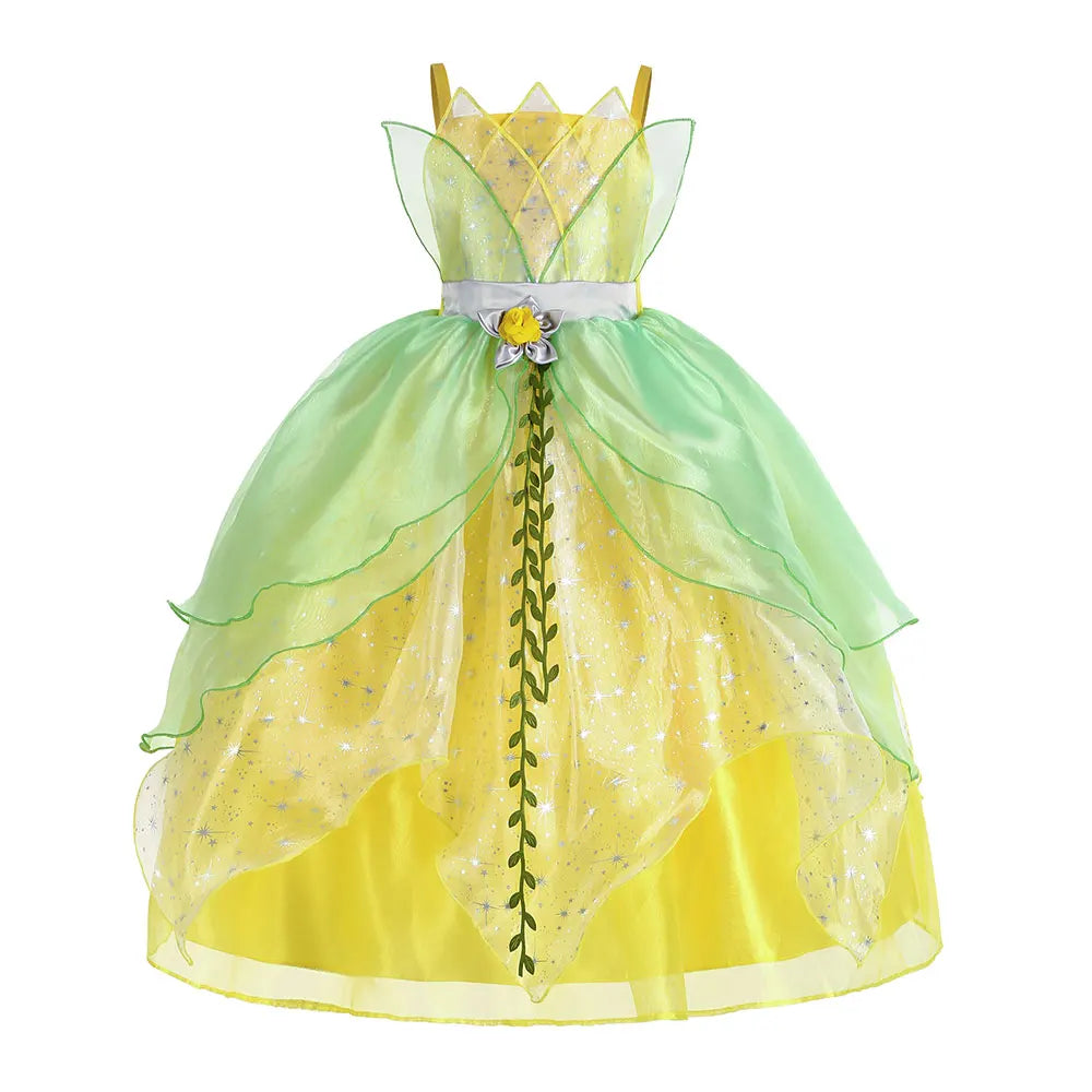 Fairy Tale Princess Costume for Girl Dressy Floral Ball Gown Princess and Frog Cosplay Tiana Halloween Apparel Green Dress 2-10Y