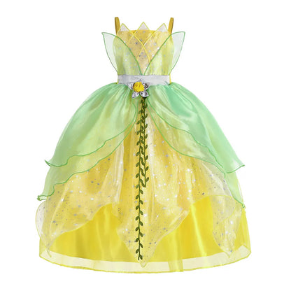 Fairy Tale Princess Costume for Girl Dressy Floral Ball Gown Princess and Frog Cosplay Tiana Halloween Apparel Green Dress 2-10Y