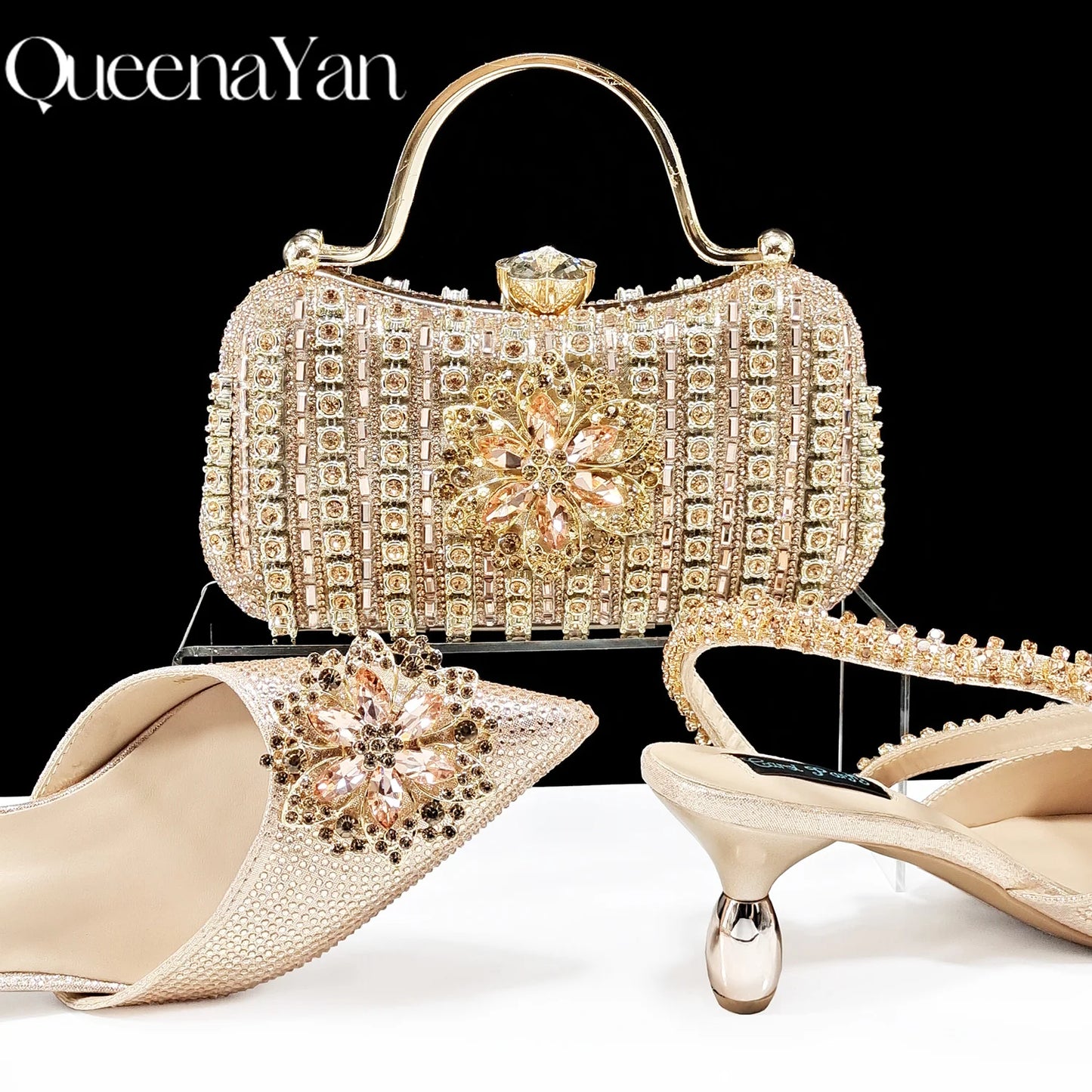 Party Perfection: Rhinestone-Embellished Heels and Gold Mini Bag for Elegant Nights