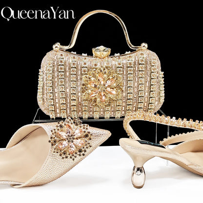 Party Perfection: Rhinestone-Embellished Heels and Gold Mini Bag for Elegant Nights