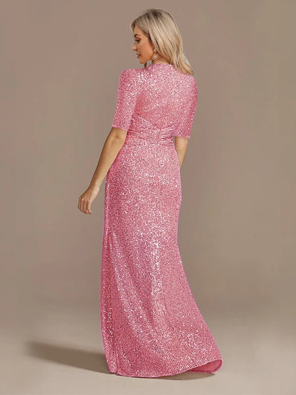Luxury Pink Floor Length V-Neck Evening Dress 2025 Women Elegant Party Maxi Dress Sequin Short Sleeves Prom Cocktail Gowns