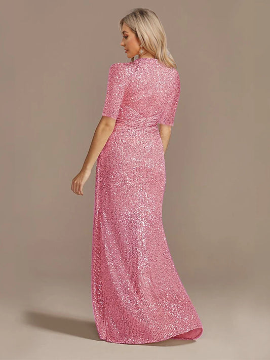 Luxury Pink Floor Length V-Neck Evening Dress 2025 Women Elegant Party Maxi Dress Sequin Short Sleeves Prom Cocktail Gowns