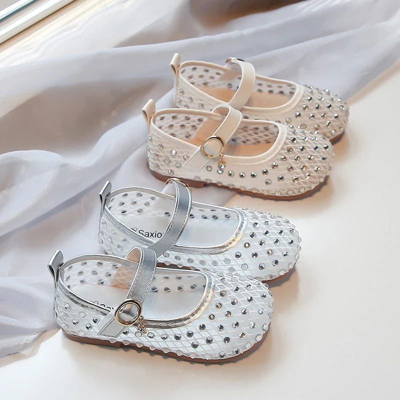 Summer Toddler Girls Princess Rhinestone Mesh Mary Jane Shoes Round Toe Hook Loop Non-Slip Soft Sole Casual Daily Walking Shoes