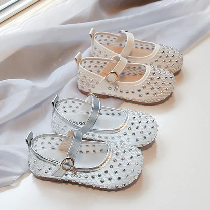 Summer Toddler Girls Princess Rhinestone Mesh Mary Jane Shoes Round Toe Hook Loop Non-Slip Soft Sole Casual Daily Walking Shoes
