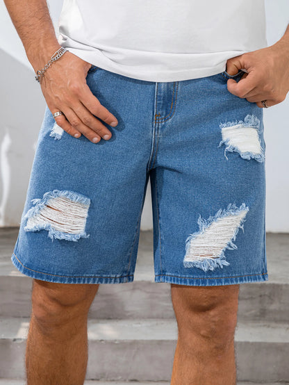 2026 Summer Men's Fashionable Blue Ripped Denim Shorts Loose Fit Non-stretch Fabric BlueWhite Simple Clean Cool Color Men Pants