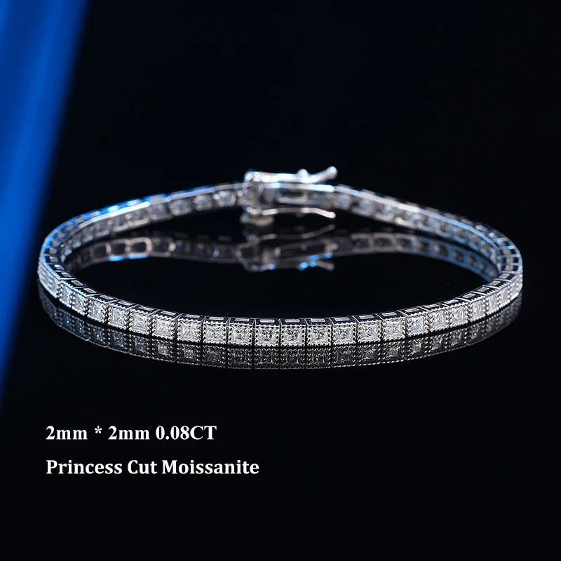 Princess Cut Full 1.5mm 2mm D Color Moissanite Tennis Bracelet for Women Man 925 Silver Pass Diamond Test Link Bracelets