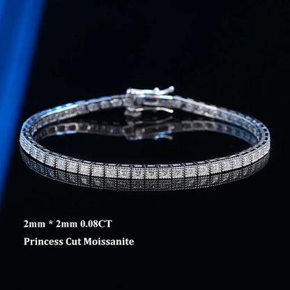 Princess Cut Full 1.5mm 2mm D Color Moissanite Tennis Bracelet for Women Man 925 Silver Pass Diamond Test Link Bracelets