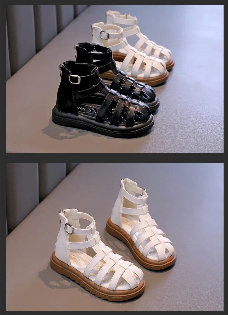 British Style Children's Sandals Girl 2024 Summer Kids Hollow-out Beach Shoes Fashion Causal Girls High-top Simple Roman Sandals