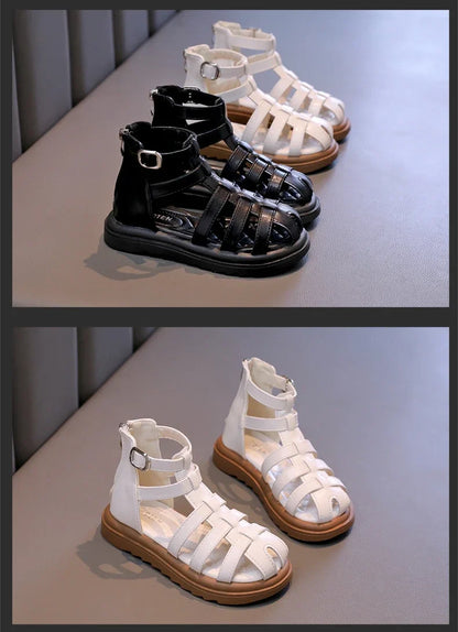 British Style Children's Sandals Girl 2024 Summer Kids Hollow-out Beach Shoes Fashion Causal Girls High-top Simple Roman Sandals