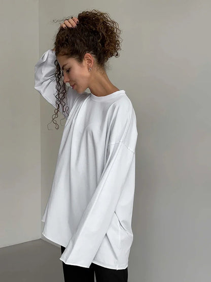 Women Summer 100% Cotton T-shirt Bottoming Spring Basic Fashionable Solid Lady Long Sleeve Loose Tops Shirts