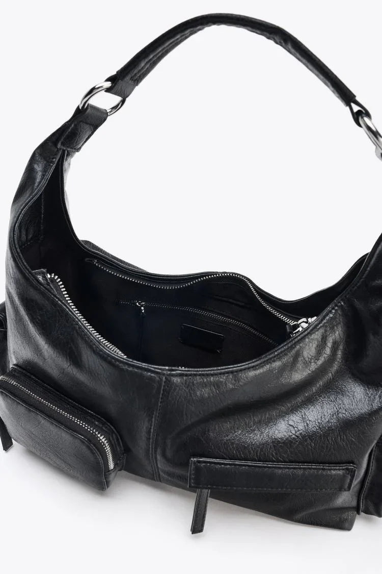 WOMEN'S CRACKLED EFFECT POCKET BAG, New Luxury Designer Punk Style Shoulder Hobo Bag, Multiple pockets Motorcycle Bag for Women