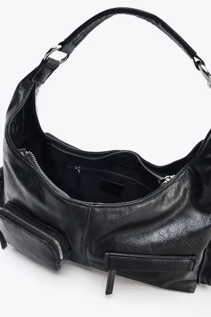 WOMEN'S CRACKLED EFFECT POCKET BAG, New Luxury Designer Punk Style Shoulder Hobo Bag, Multiple pockets Motorcycle Bag for Women