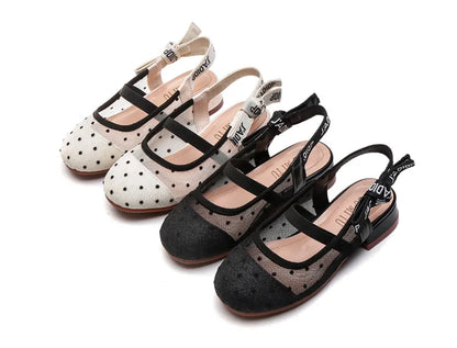 Mesh Black White Polka Dot Shoes Sandals for Girls with Heels Mules Sling Back Shoes for Girls Luxury Shoes for Girls To Dress