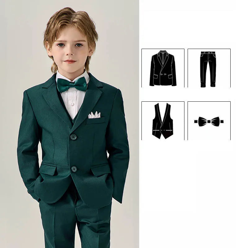 Boys Dark Green Jakcet Vest Pants Bowtie Evening Party Dress Children Wedding Photograph Suit Kids Ceremony Performance Costume