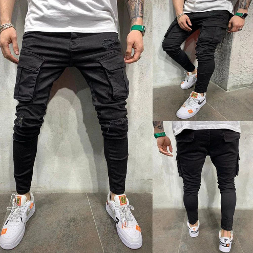 Calça Jeans Masculina Skinny Rasgada Estilo Streetwear Com Bolsos Laterais Calça Cargo Jeans Slim Fit Calça Macia Elástica Jogger