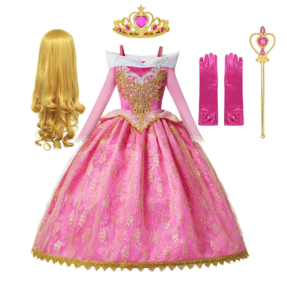Luxury Girls Princess Costume Ball Gown Dress Fancy Birthday Carnival Party Off Shoulder Golden Applique Children Outfits Dress