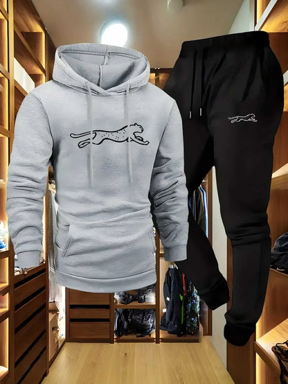 Men's hooded sweatshirt and sweatpants set casual long-sleeved Leopard print hooded style pocket comfortable Streetwear style