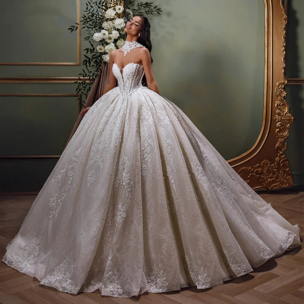 Customized Exquisite Women's Princess Ball Gown Lace Wedding Dresses Sleeveless Bridal Chapel Train Vestidos De Novia