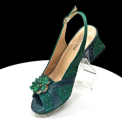 Elegant Gold Peep-Toe Heels with Diamond Accents - Italian Matching Pumps and Bag Set for Parties