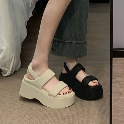 Summer 2025 Chunky Sandals Women's Wedge Heels Slides 8CM High Heels Leather Casual Woman Beach Thick Bottom Flip Flops
