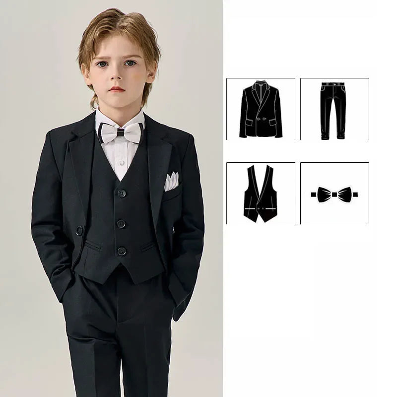 Boys Dark Green Jakcet Vest Pants Bowtie Evening Party Dress Children Wedding Photograph Suit Kids Ceremony Performance Costume