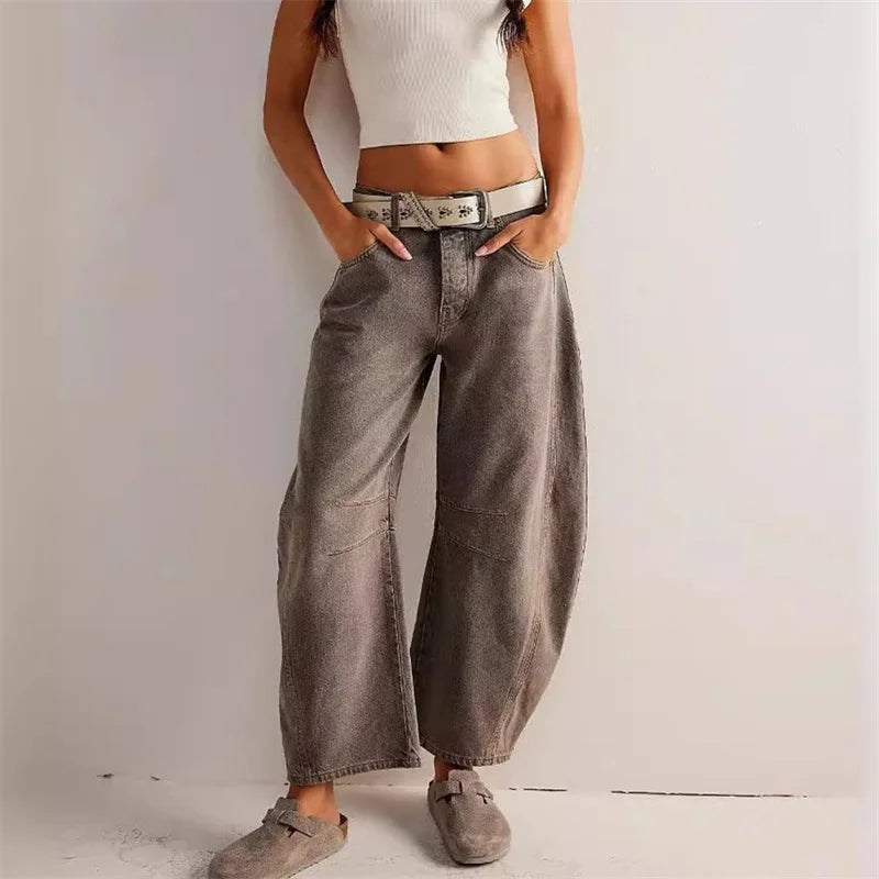 Women Vintage American Style Denim Jeans New Knee Splicing Design Straight Pants Female Commuter Casual Loose Mid Waist Trousers