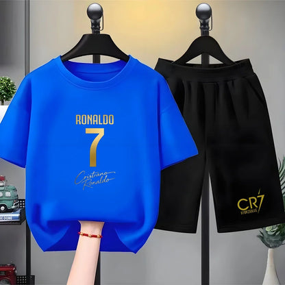 Children Short-sleeved T-shirt+Shorts black Boys Girls Toddler 3-12Yrs Sports Set Football Player No. 7 Summe cool Clothing