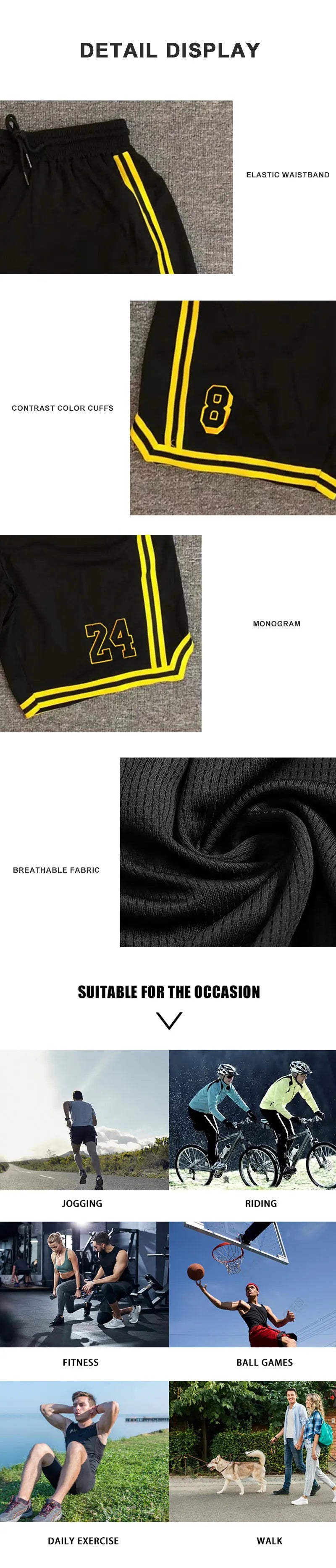 New Summer Men's Shorts Black And Yellow Patchwork No.8 And 24 Basketball Pants Casual Fitness Jogging Street Ball Sweatpants
