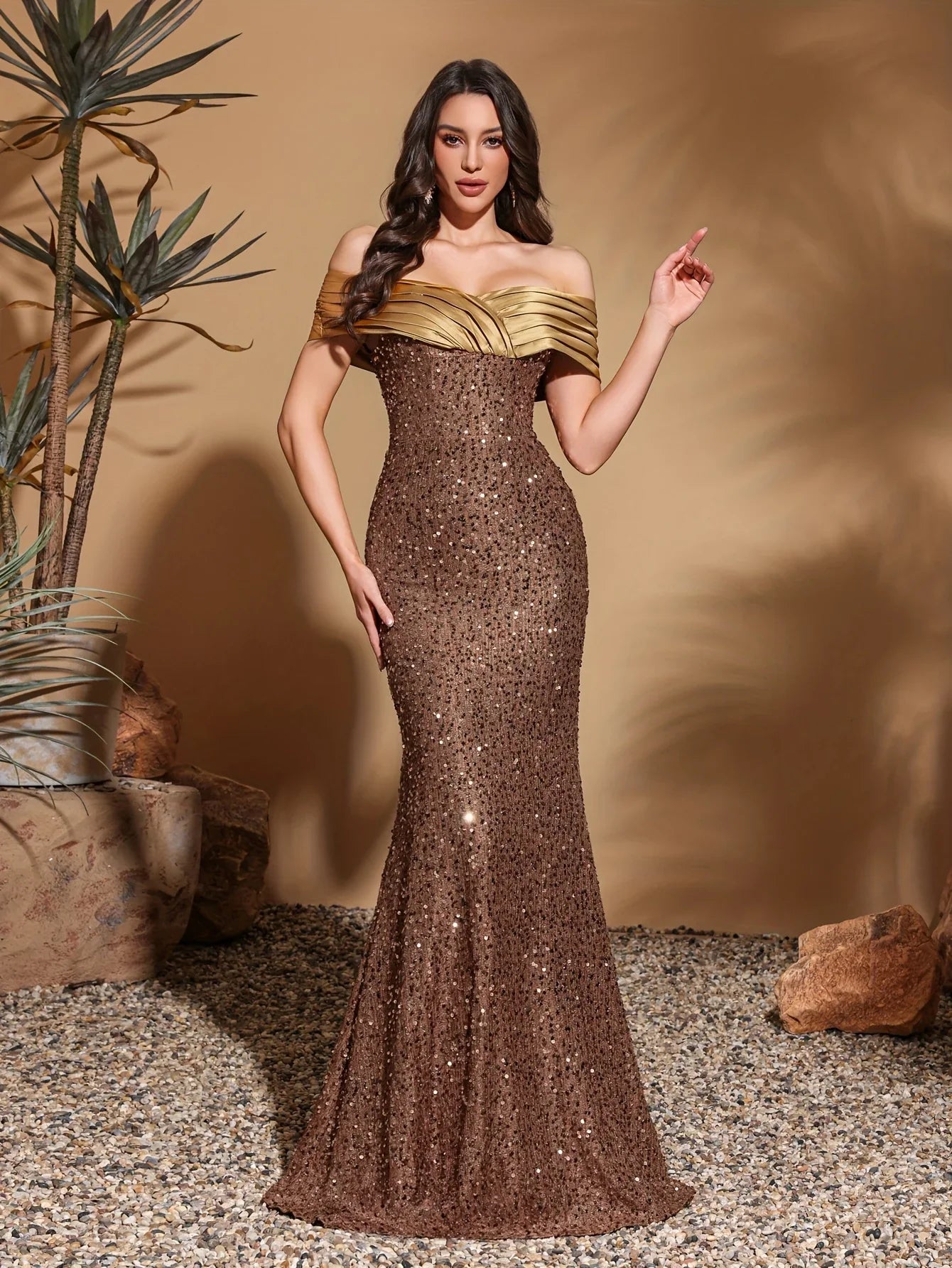 Pleated neckline sequined hip-length dress, elegant and chic dress
