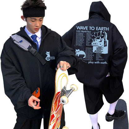 Korean Band Wave To Earth Print Zipper Hoodie Men's Casual Oversized Zip Up Jacket Men Women Hip Hop Fashion Y2k Zip Up Hoodies