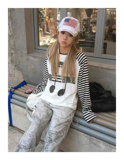 Japanses 2000s T-shirt Women Patchwork Print Graphic Tops Streetwear Y2k Vintage Grunge Tops American Retro Tshirts