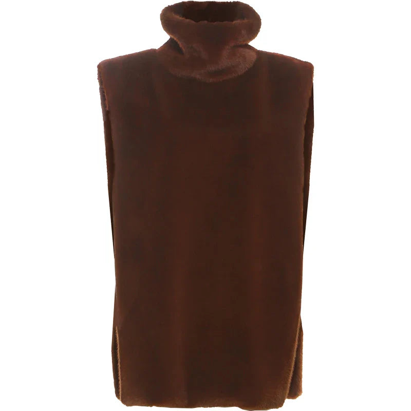 Autumn New Style Tank Tops Woman Furry Patchwork Turtleneck Daily Street Casual Simple Fashion Solid Elegant Clothing
