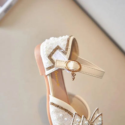 New Girl Sandals Cute Bow Pearl Sequins Kid Princess Shoes Flat Heels children Dancing Size 21-36