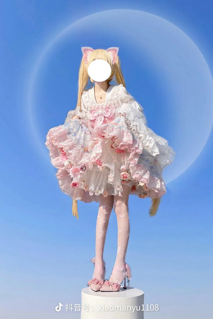Flowers Crinoline Sweet Fairy Lolita 2024 Spring and Summer Bubble Skirt Gorgeous French Elegant Girl Women's Organza Midi Skirt