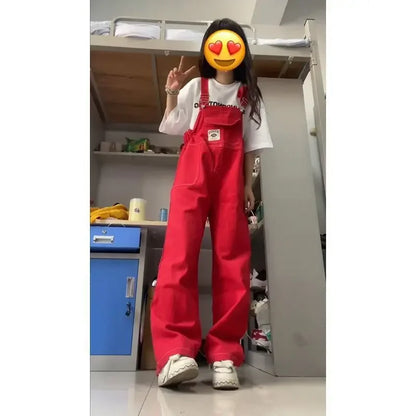 American Retro Red Denim Overalls Women Summer Loose Slimming Design Long Pants High Waist Overalls Vintage Style Jeans