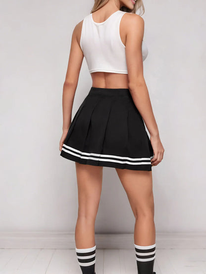 Women's black high-waisted pleated skirt for spring and summer, A-line mini skirt with a school uniform style, sporty and casual