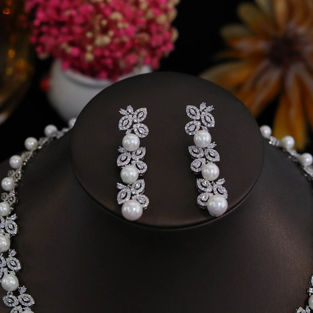 Elegant Shiny Cubic Zirconia Big Pearl Necklace Bridesmaid Gift Luxury Bridal Wedding Banquet Jewelry Set for Women Accessories