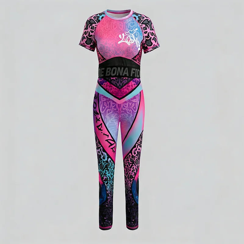 Krisnanas 2026 Sexy Streetwear Women's Activewear Set Pink Blue Gradient Graffiti Mesh Crop Top & Leggings for Yoga Pant Sets