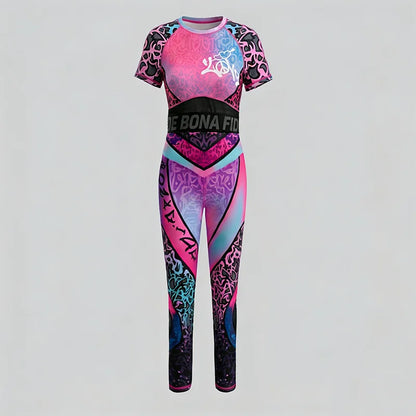 Krisnanas 2026 Sexy Streetwear Women's Activewear Set Pink Blue Gradient Graffiti Mesh Crop Top & Leggings for Yoga Pant Sets