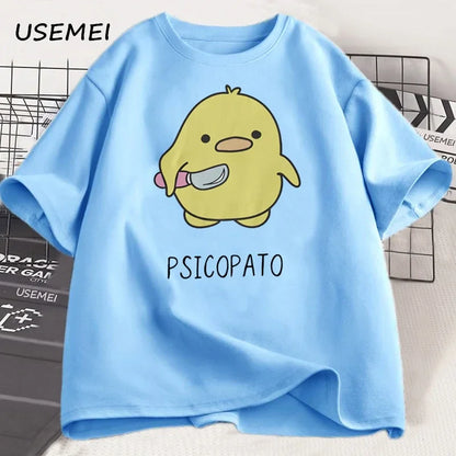 T Shirt Men Women Cute Duck with Knife Tshirt Casual Short Sleeve Cotton Printed Round Neck T-shirt Streetwear Loose