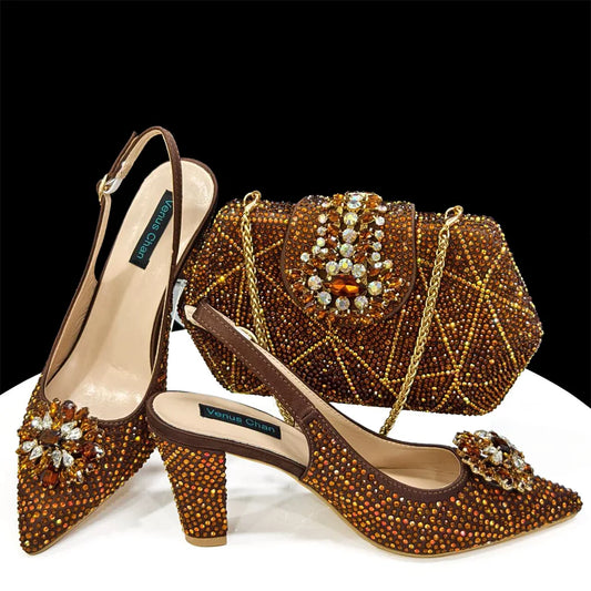 Coffee Women Shoes And Bag Set Luxury African Ladies Pumps Match With Handbag Clutch High Heels Sandals