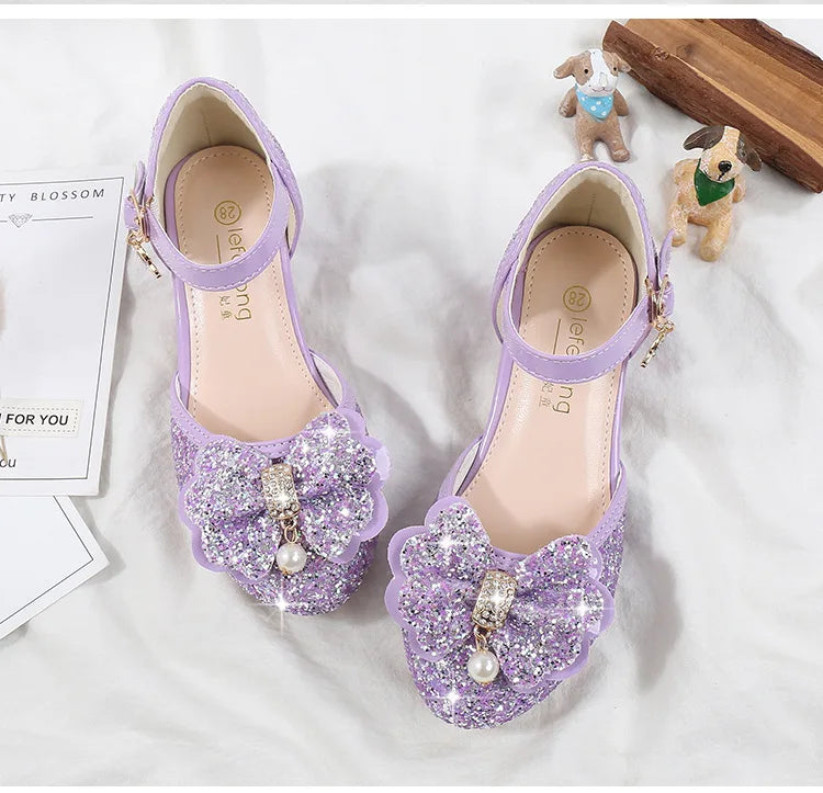 Children's Sandals for Party Wedding Elegant Bowknot Kids Girls Versatile Sequins High-heels Fashion Pearl Princess Single Shoes