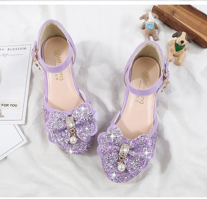 Children's Sandals for Party Wedding Elegant Bowknot Kids Girls Versatile Sequins High-heels Fashion Pearl Princess Single Shoes