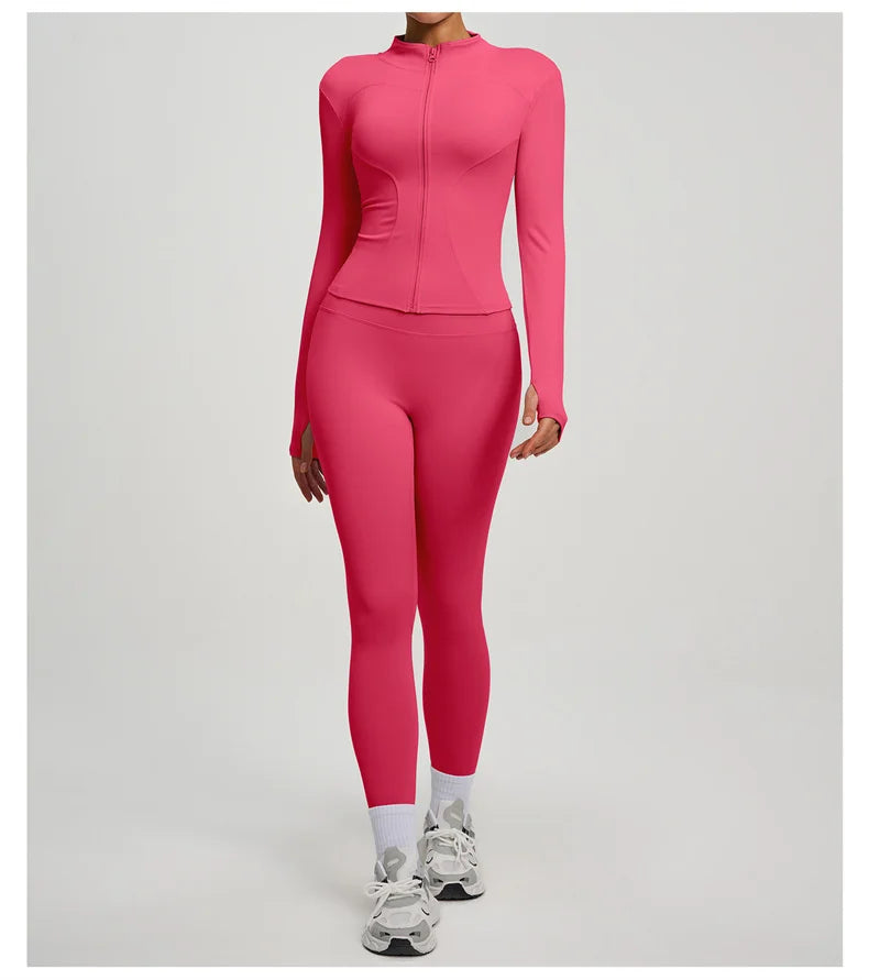 Yoga Coat Sports Top Long Sleeve Jacket Fitness Breathable Women's Tracksuit High Waist Leggings Two Piece Set Gym Clothes